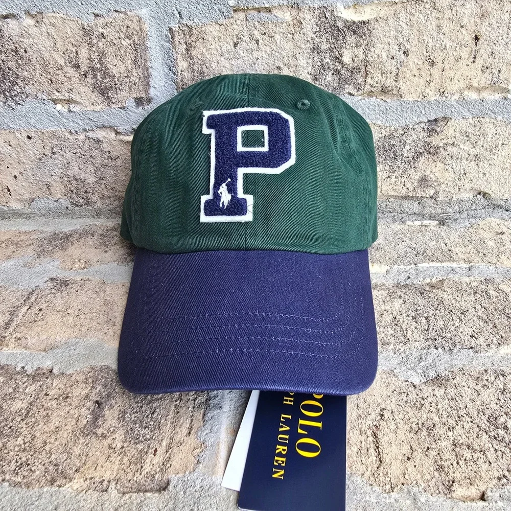 Polo Ralph Lauren Mens Green Navy Blue Chenille P Patch Baseball Cap Hat NEW